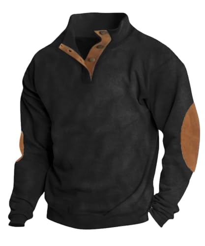 HARGLESMAN Mens Suede Sweatshirts Stand Collar Button Up Love Sleeve Pullover with Elbow Patches