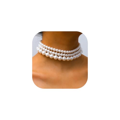 Boho Choker Necklaces for Women - Faux Round Pearl Layered Fashion Chunky Thick Clavicle Necklace Wedding Bride Jewelry Gifts