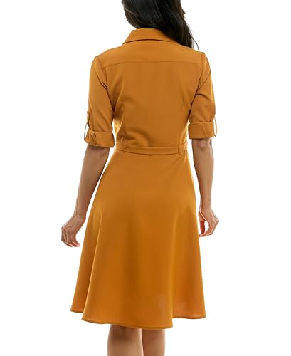 Image of Sharagano Women's Pleated Shirt Dress - 3 /4 Sleeve, V-Neck, Gold Buttons
