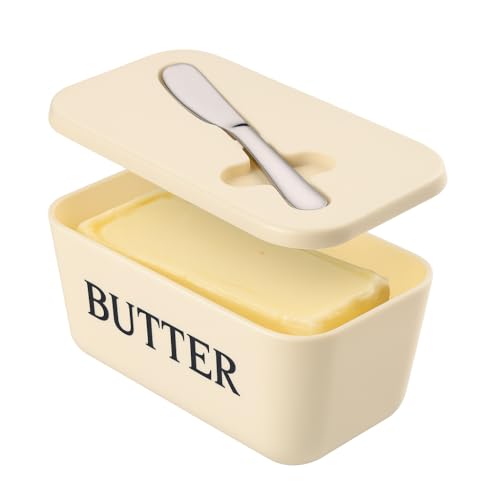 Butter Dish with Lid and Knife for Kitchen Coutertop,Food Grade PP Butter Holder with Cover and Stainless Steel Knife,Large White Butter Conainter