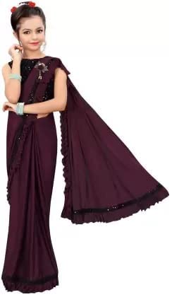 HAR HAR Kids Lycra Blend Ready ToWear Saree With Sequence Blouse Piece