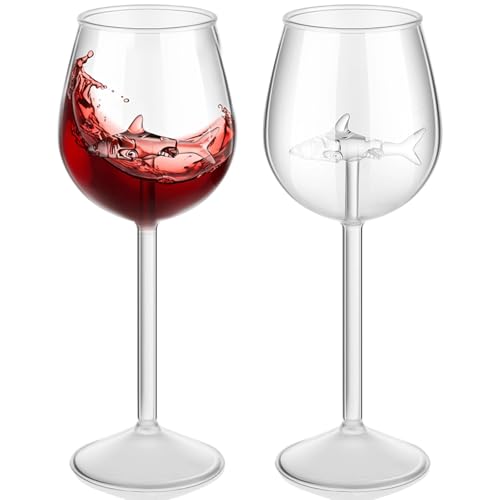 SWEWARM 2 bicchieri da vino a forma di squalo, 283,5 g, in cristallo senza piombo, con figura di squalo all'interno, set di bicchieri a stelo lungo per anniversario, compleanno, regalo unico per gli