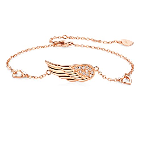 Ailes d'Ange Bracelet 925 Argent Femme, Or Rose Zirconia Bracelet porte-bonheur Réglable Délicat Ailes d'Ange Cœur Porte-Bonheur Bracelets Cadeaux pour Fille Femme Communion Baptême Anniversaire Cover