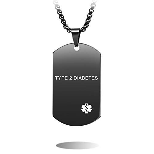 MOWOM Medical Colgante Etiqueta de Perro Collar Personalizado Grabado Acero Inoxidable - con 5 artículos: Tarjeta de Emergencia, Manga, 61 Cadenas, silenciador(Negro, Type 2 Diabetes) Cover