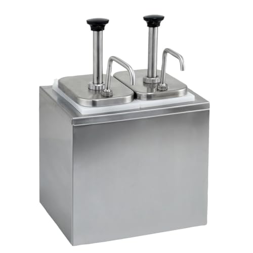 Soro Essentials- 7 Qt. Stainless Steel Dual Condiment Dispenser 3.5 qt. Jar with 1 oz. to 1.25 oz. Pump - Sauce Dispenser Dual Chamber Condiment Pump Station for Ketchup Syrup Dressing BBQ Sauce