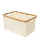Bamboo Rectangle Basket with Handle, Hamper for bedroom, Bathroom, Nursery Room, Dorm Room, Storage Basket for Plushies.Toys, Towels, Clothing Off-white