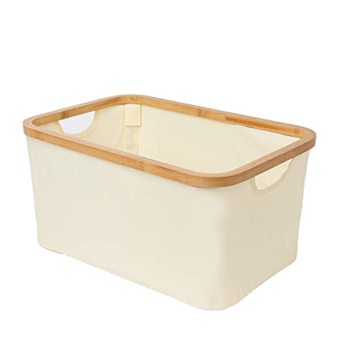 Bamboo Rectangle Basket with Handle, Hamper for bedroom, Bathroom, Nursery Room, Dorm Room, Storage Basket for Plushies.Toys, Towels, Clothing Off-white