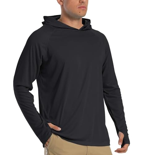TACVASEN T Shirt Anti UV Hommes Sun Hoodie Sweat a Capuche Homme de Surf Pêche Léger Chemise Confortable T-Shirt Natation à Séchage Rapide Noir, L