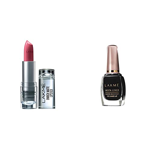 Image of LAKME Enrich Matte Lipstick, Matte Finish, Shade PM14, 4.7g and Insta Eye Liner, Black, 9ml
