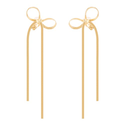 Cilp-on Bow Earrings Non Pierced Ribbon Bow Dangle Drop Tassel Statement Earring for Women Dangling Long chain Earrings（Gold and Silver） - Main Image