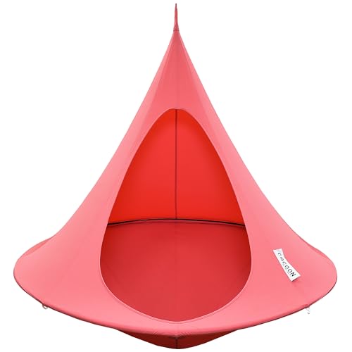Image of Double Cacoon Hanging Chair for Two - Cozy Indoor /Outdoor Hammock with Polyester Canvas, 440 lb Capacity, Includes 18ft Rope & Carabiner (Coral Rose)