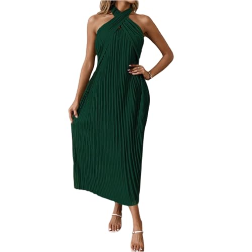 Abendkleid Damen Lang Plissee Neckholder Kleider Festlich Abendkleider Elegant Für Hochzeit Faltenkleid A Linie Rückenfrei Maxikleid Leicht...