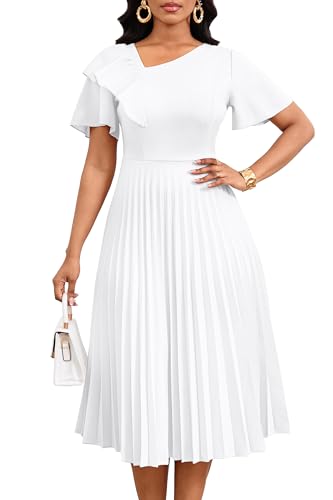 Nmoder Pleated Dress for Women|Short Sleeve Asymmetrical Ruffles Summer A Line Midi Dresses for Church Semi-Formal White XL