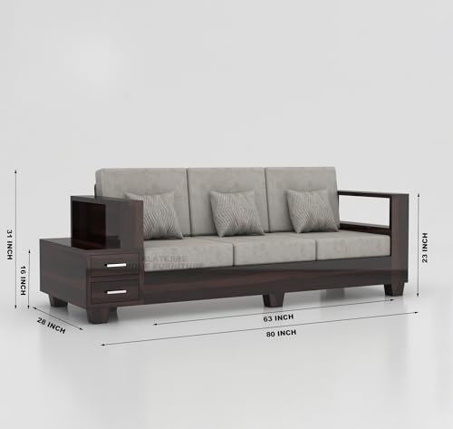 Image of Sheesham Wooden 3 Seater Sofa for Living Room | Solid Wood Sofa with Side Box Storage & Cushion | Rosewood Sofa Set for Home & Office | Lounge (Walnut, 3 Seater)