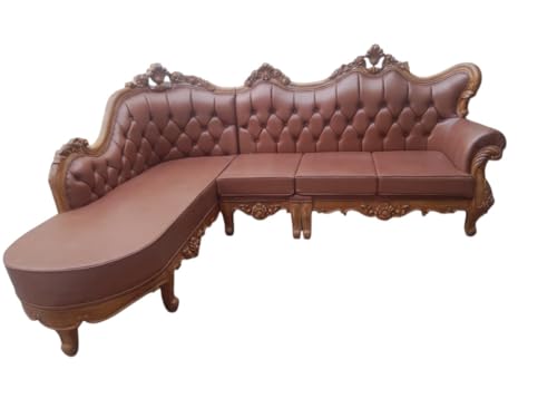 Image of Wooden L Shape Sofa Set, 7 Seater, Solid Wood Hand-Carved with Rexine Upholstery, Modern Corner Design Furniture for Living Room, Home, Office