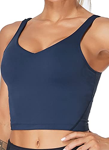 Image of Oalka Sports Bra Womens Longline Padded Crop Yoga Tank Tops | Built in Bras, Workout, Athletic, Fitness, Super Soft, Comfort, Cropped Top, Removable Pads, Heart Neckline For Women