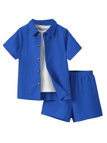 Image of SweatyRocks Boy's 2 Piece Summer Vacation Outfits Short Sleeve Collar Button Down Shirt and Shorts Clothing Set