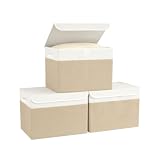 Bagnizer Storage Baskets Bins Foldable with Lids 3PCS Collapsible Wardrobe Storage Boxes Lightweight Storage Box Fabric for Organize Large Box Bedroom Office White&Beige 37x24x24CM