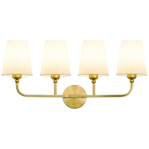 Image of Bathroom Vanity Light, Brushed Gold Bathroom Lighting Fixtures Over Mirror | 4-Light Bathroom Light Fixtures with Flared White Fabric Shade, E26 Socket (ETL Listed)