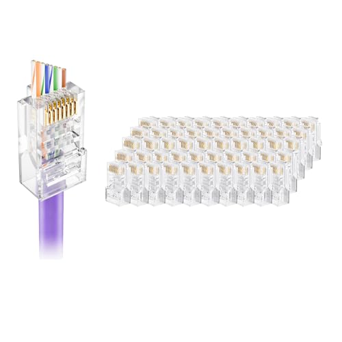 VCELINK Cat5e Connectors RJ45 Pass Through 50-Pack with Longer Guide Rails for Easy Cable Insertion 1000Mbps Cat5 8P8C Ends Cat5e Modular Plugs for 24AWG Solid or Stranded UTP Network Cable