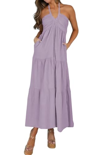 Women's Casual Halter Tiered Vacation Maxi Dress with Pockets