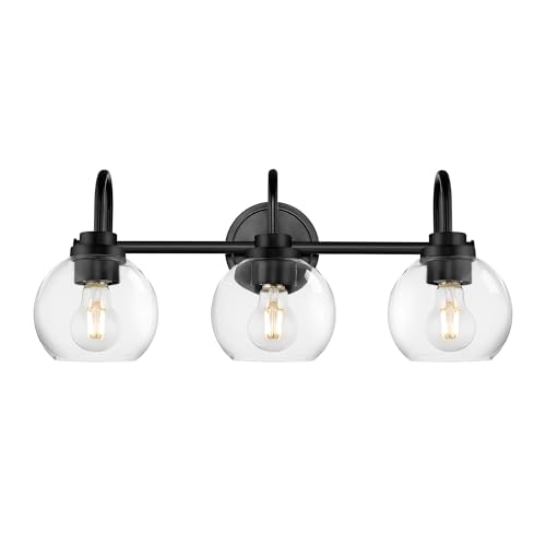 Image of Bathroom Light Fixtures, 3-Light Matte Black Vanity Lights with Globe Clear Glass, Modern Vanity Lighting Fixtures Over Mirror, AD-22280-3W-BK
