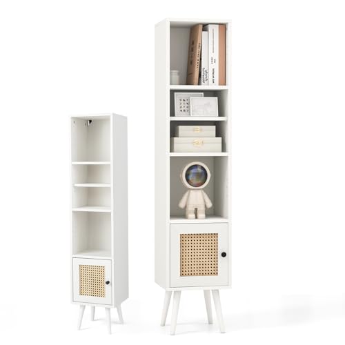 KOMFOTTEU Armario de Almacenamiento de 5 Niveles, Estantería Alto con Puerta de Ratán y Patas de Madera Maciza, Mueble Auxiliar con Estante Ajustable y Dispositivo Antivuelco para Salón (Blanco)