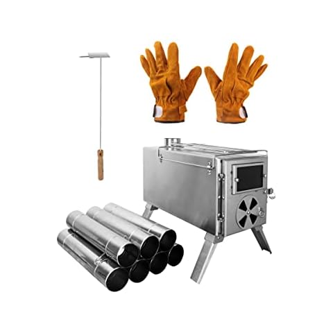 Tent Stove Wood Burning Stove, SOPPY Portable Camping Tent Stove, Stainless Steel Tent Wood Stove with Chimney Pipes Portable Camping Cookware for Camping Heating Lodging Cooking, Silver Cover