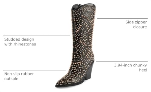 Image of iiimmu Womens Boots Pointed Toe and Chunky Heel Boots for Women Luxurious Studded Boots Tall Boots with Metallic Rivets, White /Black Size US 5-12