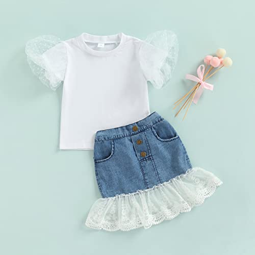 Toddler Kids Baby Girl Summer Outfit Short Puff Sleeve T-Shirt Tops + Denim Lace Hem Elastic Waist Skirt Short Dress Set (White, 3-4 Years) #TOP1