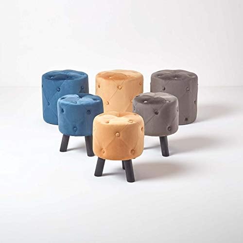HOMESCAPES Navy Velvet Footstool on Wooden Legs 39 cm Tall On-Trend Style Quilted Pouffe Upholstered Tripod Stool with Button Design Hampton Style Multi-Functional Blue Round Ottoman Stool Seat