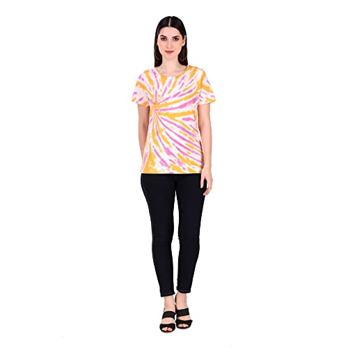 Image of Stories.Label Women's Tie Dye Printed Cotton Tshirt in Ribbed Neck, Regular Fit Half Sleeves Tops for Girls Stylish (Size S - 5XL)