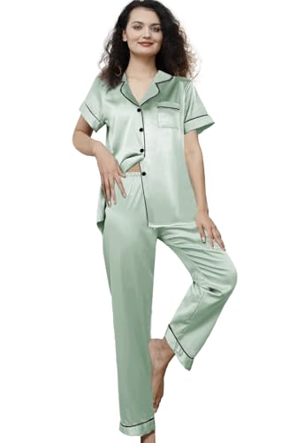 Image of WJing Yi Jia Womens Pajamas Set XS-4XL Floral Silk Satin Pajama Sets Silky Pj Sets 2Pcs Loungewear Sleepwear Button Down Pjs
