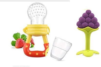 First Trend Star Nibbler Fruit Shape Silicone Teether with Baby Fruit Nibbler Pacifier for Baby (Combo Saver Pack of 2) (Grapes & Yellow Pacifier)