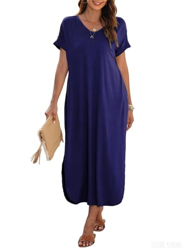 Image of Dokotoo Womens Casual Maxi Dresses Summer Dresses Coverups for Women Long T Shirt Dress Short Sleeve V Neck Sundress Plus Size Navy Blue Dress L