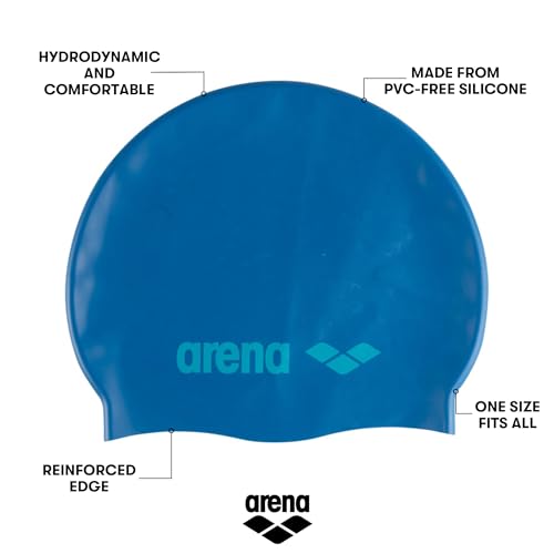 Image of Arena Unisex Adult Classic Silicone Swim Cap Men and Women, Swimming Training Racing Pool Bathing Cap 100% Silicone, Blue Cosmo /Water, One Size Fits All