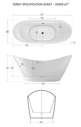 Ferdy Boracay 67" Acrylic Freestanding Bathtub, Gracefully Shaped Freestanding Soaking Bathtub, Glossy White, Cupc Certified, Toe-Tap Chrome Drain & Classic Slotted Overflow Included, 02503 #TOP4