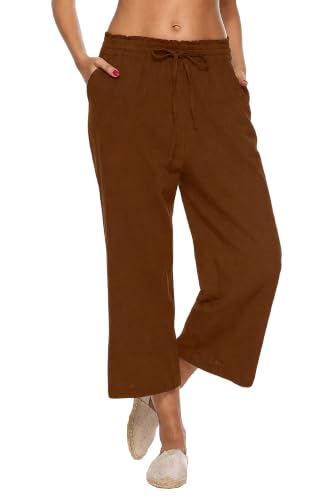 Image of LNX Women's Linen Pants Wide Leg High Waisted Capri Pants with Pockets | Capris, Elastic Waist, Drawstring, Loose, High Rise, Palazzo Pants, Beach, Vacation, Flowy, Lounge & Casual Trousers, XS-5XL