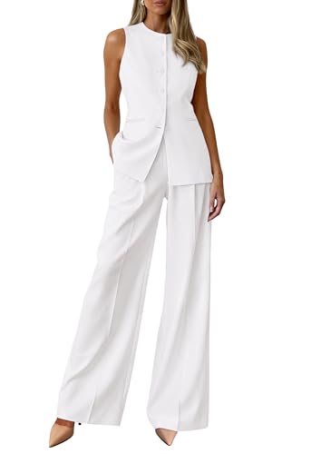 PRETTYGARDEN Womens 2 Piece Sets Summer 2026 Work Clothes Sleeveless Blazer Vest Pants Suits Spring Business Casual Outfits (White Small)