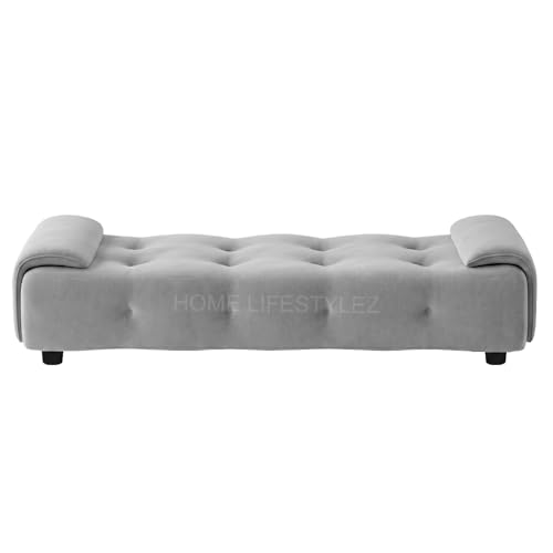 Image of Home Lifestlez Monel 2 Seater Tufted Ottoman Bench | Velvet Upholstered | Seating Bench Window Bench Footrest Stool End of Bed Bench Living Room Furniture | Comfortable & Stylish - Grey