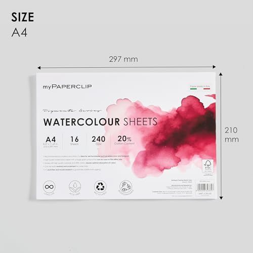 Image of myPAPERCLIP Pigmenta - A4 Watercolor Paper | 240 GSM, 16 Sheets, 20% Cotton | Cold-Pressed & Acid-Free | Suitable for Both Wet & Dry Painting