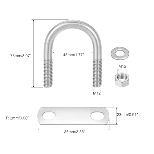 Image of uxcell Round U-Bolts, 6 Sets 45mm(1.77 inch) Inner Width 78mm Length M12 304 Stainless Steel U Clamp Bolt with Nuts and Plates, for Boat Trailer