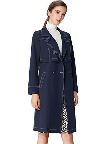 Allegra K Women's Open Front Trench Coat Double Breasted Notched Lapel Mid-Long Jacket with Belt X-Large Navy Blue