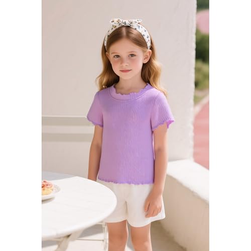 Image of Girls Summer Lettuce Trim Ribbed Knit Short Sleeve T-Shirts Solid Color Casual Blouse Tops