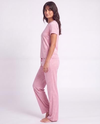 Image of Juicy Couture Women's 2 Piece Velvet Fleece Short Sleeve Shirt and Pants Lounge Sleepwear Set