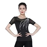 Tytyozay Top para Baile Estándar De Mujer, Camiseta De Baile De Manga Corta para Práctica De Baile De Salón Elegante Camiseta con Pedrería para Baile Latino Vals Tango Foxtrot Y Actuaciones,Negro,3XL