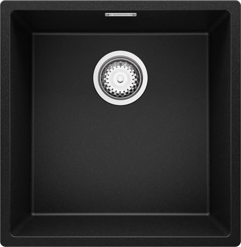 PRIMAGRAN Evier Sous Plan Noir 46x47cm, Evier en Granit 1 bac + Kit de Vidage, Évier al mueble 50cm - London S207