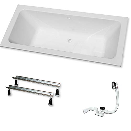 Acryl- Rechteck Badewanne "Koralle T 200" 180 x 80 cm mit Mittelablauf (mit Fußgestell mit Ab-/ Überlaufgarnitur)