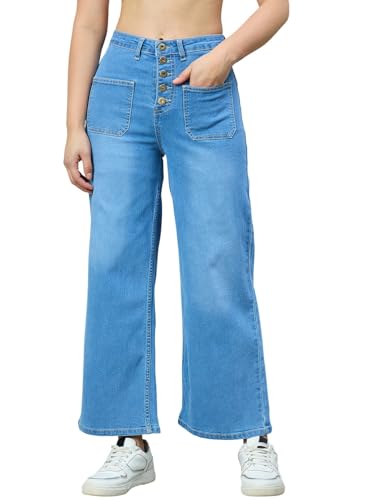 Jeans taille haute femme coupe large bleu moyen en toile denim stretch