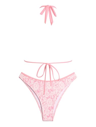 Image of ZAFUL Women Halter Dual Straps Whip Stitch Floral Triangle Bikini Swimsuits